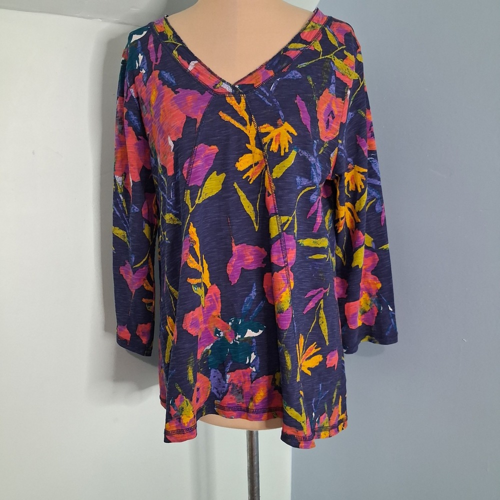 Escape by Habitat Clothes Floral Cotton Slub V-Neck 3/4 Sleeve Top Navy Multi M
